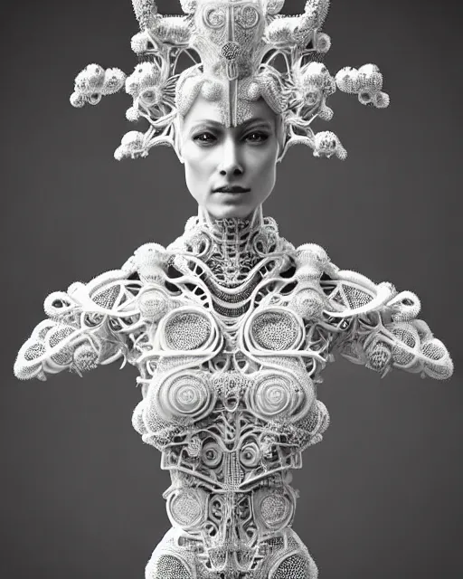 Image similar to bw 3 d render of a beautiful female queen - cyborg - vegetal, dressed in long elegant intricate ornamental white dress, intricate fractal ornament in the bust with a very long neck, elegant, highly detailed intricate baroque ornament in her blond long hair, realistic, refined, highly detailed, cinematic outdoor lighting, fine art photography by flora borsi, volumetric lighting, hyper realistic photography