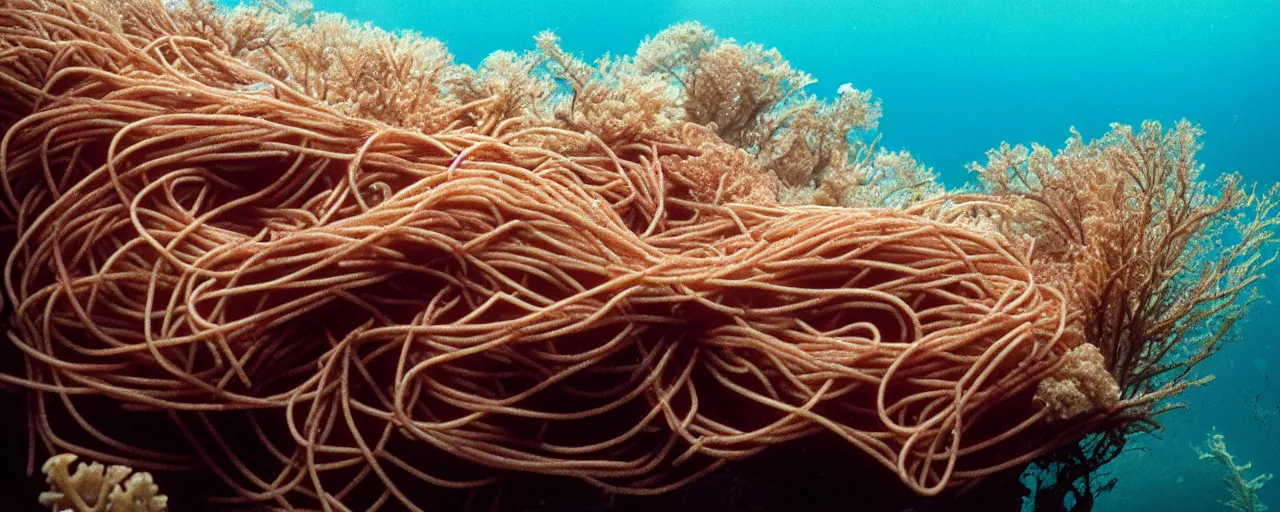 Image similar to spaghetti growing underwater in a corral reef, sigma 1 0 0 mm, in the style jacques cousteau, kodachrome