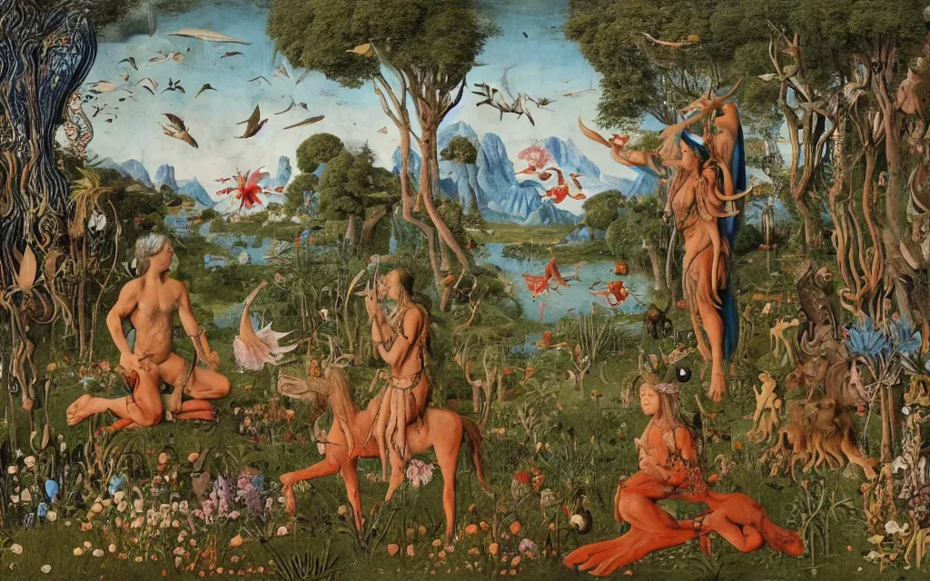 Image similar to a photograph of a meditating centaur shaman and a harpy mermaid feeding animals. surrounded by bulbous flowers, animals and a few trees. river delta with mountains and cliffs under a blue sky full of burning stars and birds. painted by jan van eyck, max ernst, ernst haeckel, ernst fuchs. trending on artstation