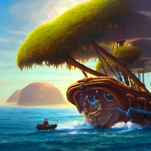 Image similar to a painting of an island with a pirate ship on it, a detailed matte painting by RHADS, cgsociety, fantasy art, matte painting, artstation hq, matte drawing