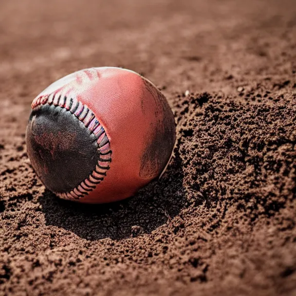 Image similar to a 4 k photorealistic photo close up of a baseball laying in the dirt