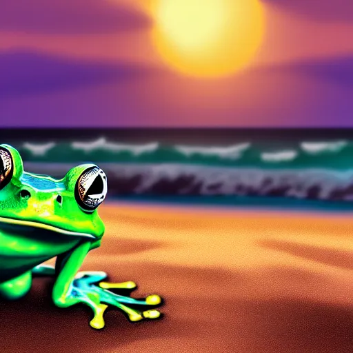 Prompt: a frog on a surfboard, wearing board - shorts and sunglasses, photorealistic, sunset, beach, lens flare, digital painting, digital art, highly detailed, ultra high detail, 8 k wallpaper, 4 k wallpaper, concept art, award winning