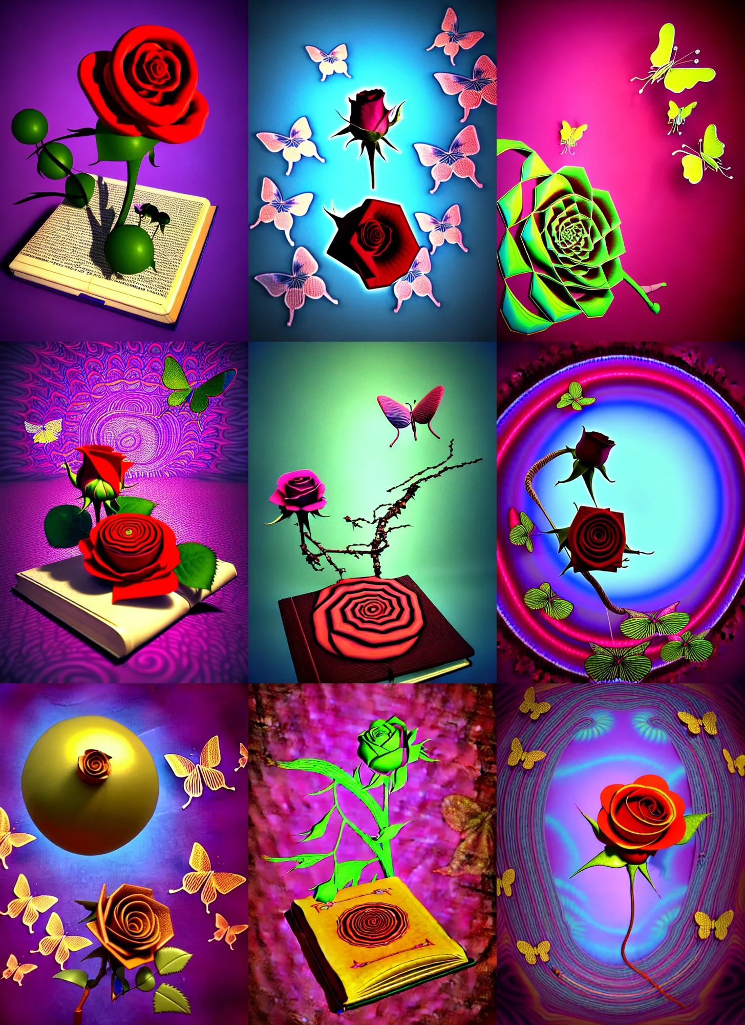 Prompt: vintage cgi 3 d render in the style of micha klein and ichiro tanida of a single wilting rose on a book on small basketball, the background is a psychedelic swirly background with a castle and 3 d butterflies and 3 d flowers n the style of 1 9 9 0's cg graphics 3 d rendered y 2 k aesthetic by ichiro tanida, 3 do magazine