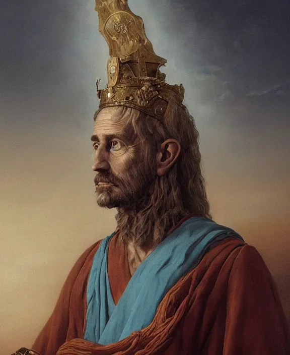 Image similar to a portrait of wisened philosopher king (an absolute monarch of his ancient european kingdom) resides on his throne, his gaze transfixed on the horizon of infinity, his mind contemplating eternity, highly detailed hyperrealistic DnD portrait by Raffaello Ossola and Ross Tran and Zdzisław Beksiński, stunning detail, 8k, 4k