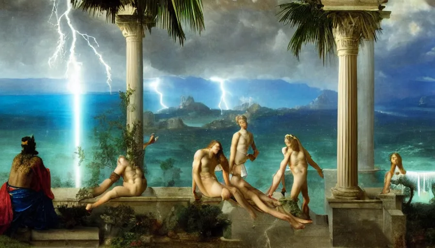 Image similar to Inside the Palace of the occult, mediterranean balustrade and columns, refracted sparkles, thunderstorm, greek pool, beach and Tropical vegetation on the background major arcana sky and occult symbols, by paul delaroche, hyperrealistic 4k uhd, award-winning, very detailed paradise