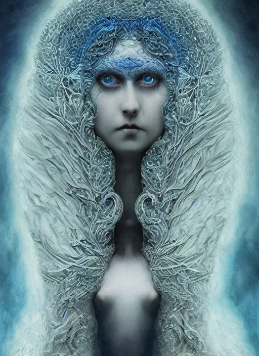 Image similar to Her huge ominous glowing blue eyes staring into my soul , perfect eyes, soft pale white skin, intricate stunning highly detailed, agostino arrivabene, artgerm, twisted dark lucid dream, 8k portrait render, raven angel wings, swirling smoke , beautiful lighting, dark fantasy art, cgsociety