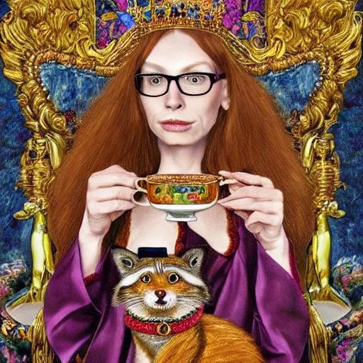 Prompt: a stunning hyper-detailed painting byChuck Close of a slender beautiful woman with straight long ginger hair and bangs, wearing a luxurious silk robe and retro eyeglasses and a jeweled gold crown, posing with her large ginger tabby cat and raccoon and parrots on an elaborate throne in her high-ceiling Victorian living room, holding a porcelain parrot-shaped coffee mug and a donut, perfect eyes, fashion photography, dramatic cinematic lighting, octane render, IBEX Masters, unreal engine, 85 mm lens, paisley wallpaper