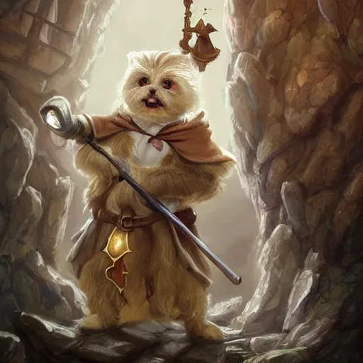 Image similar to cute little anthropomorphic one Maltese Terrier and one tabby cat, wielding a magic staff, tiny, small, short, Wizard robe, cute and adorable, pretty, beautiful, DnD character art portrait, matte fantasy painting, DeviantArt Artstation, by Jason Felix by Steve Argyle by Tyler Jacobson by Peter Mohrbacher, cinema