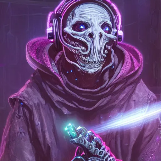 Image similar to cyberpunk undead lich ilithid mindflayer wearing headphones and playing synthesizers, D&D, laser lights, highly detailed, realistic, technology and magic,