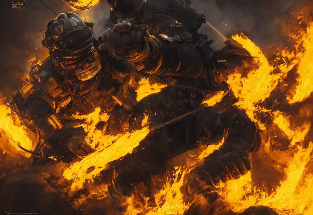 Prompt: one heroic firefighter in action in black and yellow uniform, fire flames, sharp details, sharp focus, realistic, highly detailed, illustration, by yerbol bulentayev and murat gul and pablo olivera and greg rutkowski