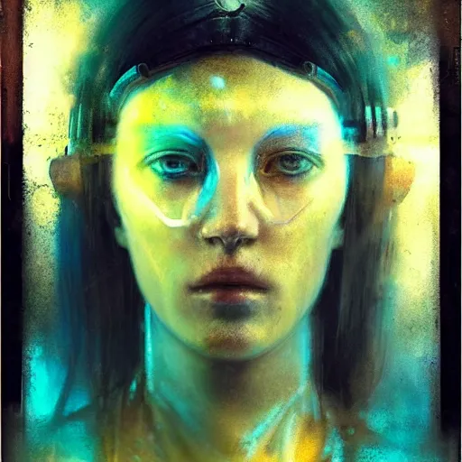 Image similar to female cyberpunk portrait by cy Twombly and BASTIEN LECOUFFE DEHARME, iridescent, volumetric lighting, blue and mustard