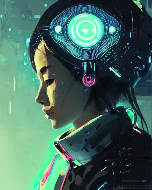 Prompt: detailed side profile portrait Neon Operator Girl, cyberpunk futuristic neon, reflective puffy coat, decorated with traditional Japanese ornaments by Ismail inceoglu dragan bibin hans thoma greg rutkowski Alexandros Pyromallis Nekro Rene Maritte Illustrated, Perfect face, fine details, realistic shaded, fine-face, pretty face