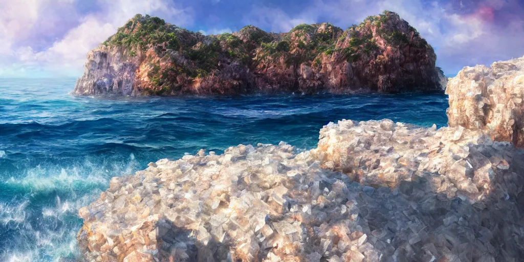 Image similar to sheer rugged crystal rose coloured quartz cliff, viewed from the ocean, illustration, bright sunlight, sun glints, sunrays, digital art, hyperrealistic, oil painting, fantasy, 8 k, trending on artstation, detailed