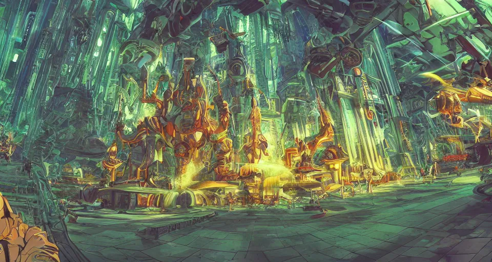 Image similar to the cyber temple in the robo-jungles, wide-angle shot, angled view, fisheye lens, , animation background painting from Thundercats (1985) and Masters of the Universe (1983), up-angle view, macabre, burtonesque, two point perspective, clean scan, artstation trending, studio ghibli, animatrix, 8k