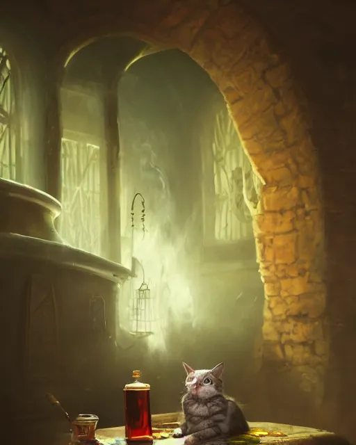 Prompt: oil painting of Anthropomorphized cat witch brewing potion, sharp focus, fantasy style, octane render, volumetric lighting, 8k high definition, by greg rutkowski, highly detailed, trending on art Station, magic the gathering artwork, Alchemist lab backround, centered