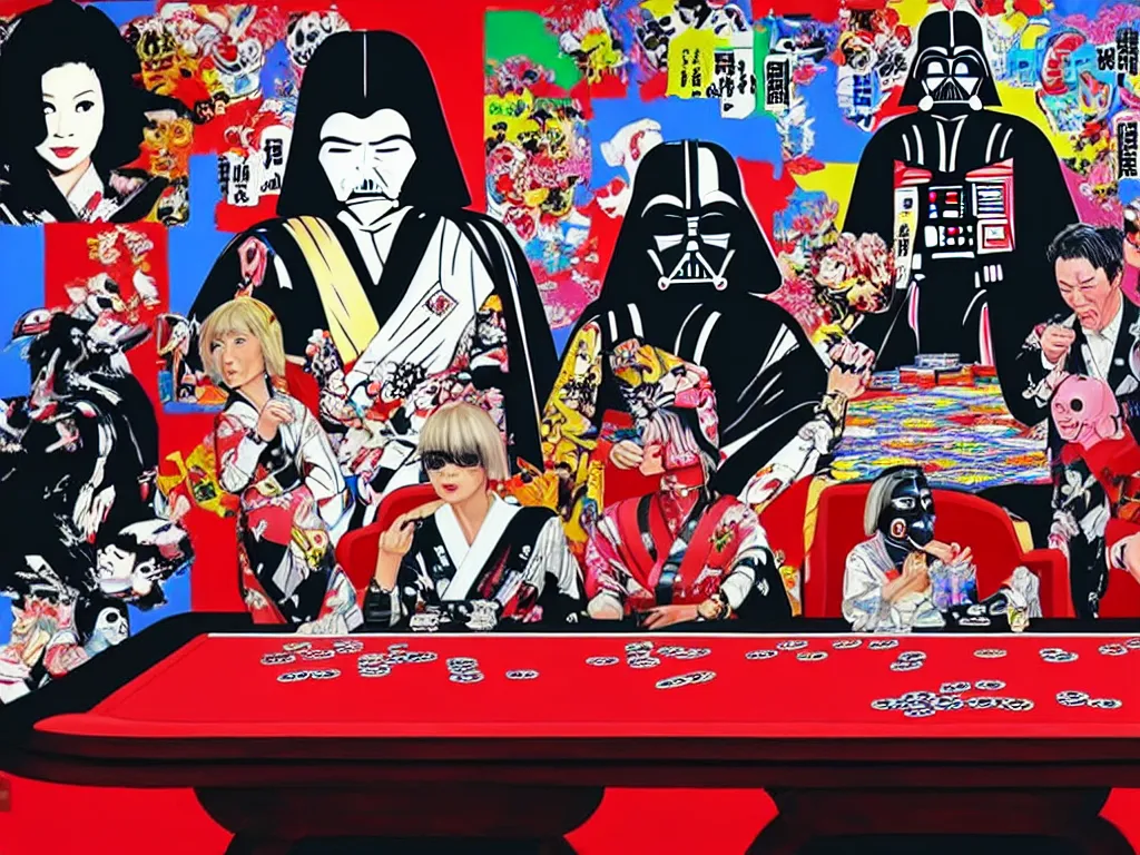 Image similar to hyper - realistic composition of a large room with an extremely detailed poker table in the center, woman in traditional japanese kimono standing nearby, darth vader sitting at the table, fireworks in the background, pop art style, jackie tsai style, andy warhol style, acrylic on canvas, dull palette