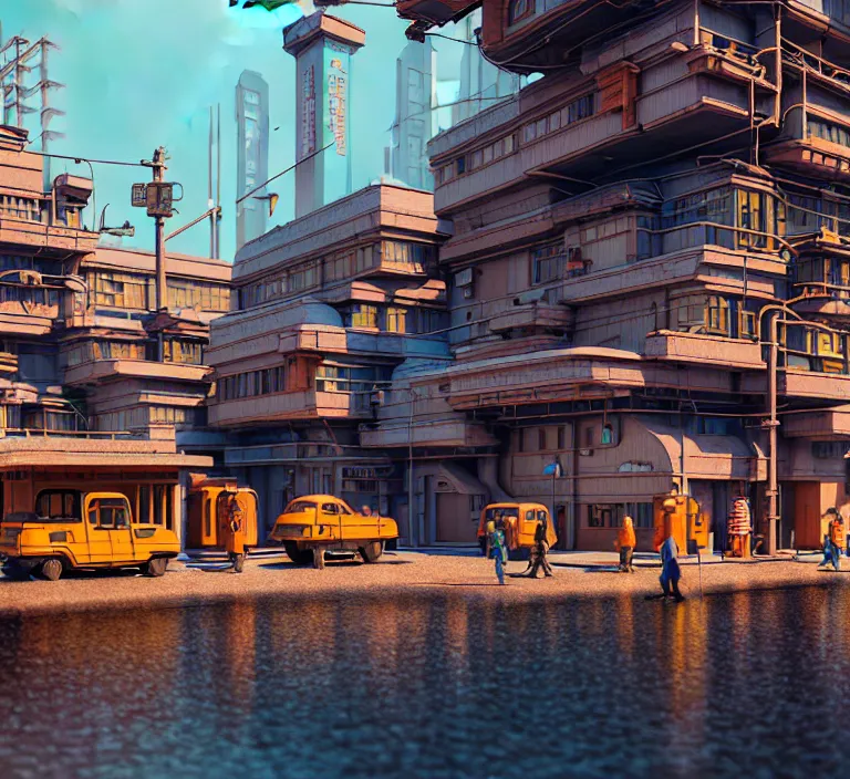 Image similar to hyperrealism photography hyperrealism concept art of highly detailed beavers builders that building highly detailed futuristic ( cyberpunk ) city by wes anderson and hasui kawase and scott listfield sci - fi style hyperrealism rendered in blender and octane render volumetric natural light