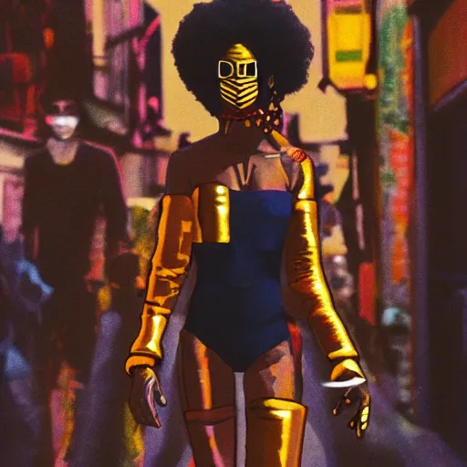 Image similar to afrofuturist woman walking down a very crowded and busy street wearing gold jewelry and a mask, simple, cyberpunk, far shot, 1970s X-Men art style