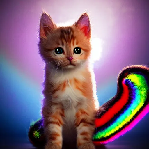 Prompt: full body pose, hyperrealistic photograph of a magic rainbow kitten, dim volumetric lighting, 8 k, octane beautifully detailed render, extremely hyper detailed, intricate, epic composition, cinematic lighting, masterpiece, trending on artstation, very very detailed, stunning, hdr, smooth, sharp focus, high resolution, award, winning photo, dslr, 5 0 mm