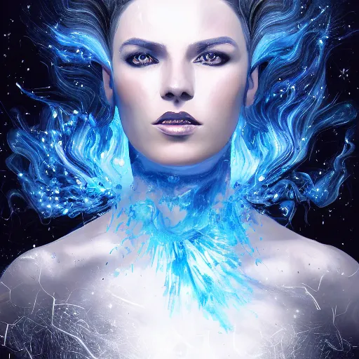 Image similar to masterpiece portrait of an aesthetic elegant mage woman, ice spell, 3 0 years old woman, black dynamic hair, wearing silver diadem with blue gems inlays, silver necklace, painting by joachim bergauer and magali villeneuve, atmospheric effects, chaotic blue sparks dynamics in the background, intricate, artstation, instagram, fantasy