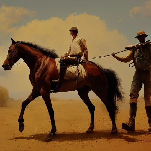 Image similar to horse on man, the man is carried by the horse, hyperrealism, no blur, 4 k resolution, ultra detailed, style of ron cobb, adolf hiremy - hirschl, syd mead, ismail inceoglu, rene margitte