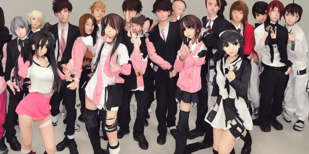 Image similar to 2 anime girls posing with 6 anime boys