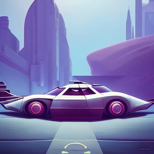 Image similar to concept art of an art - deco batmobile. matte painting by beeple and rhads and peter mohrbach. cgsociety, car and driver magazine, artdeco, retrofuturism, vaporwave aesthetic, sci - fi, artstation hq