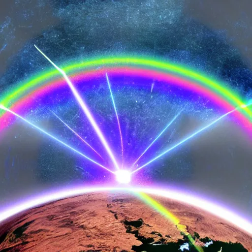 Prompt: Deathstar's laser penetrating Earth's rainbow forcefield and destroying the planet