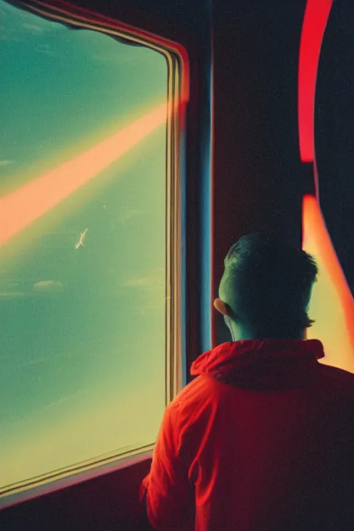 Image similar to agfa vista 4 0 0 photograph of a guy in a spaceship looking out a window into space, back view, synth vibe, vaporwave colors, lens flare, moody lighting, moody vibe, telephoto, 9 0 s vibe, blurry background, grain, tranquil, calm, faded!,