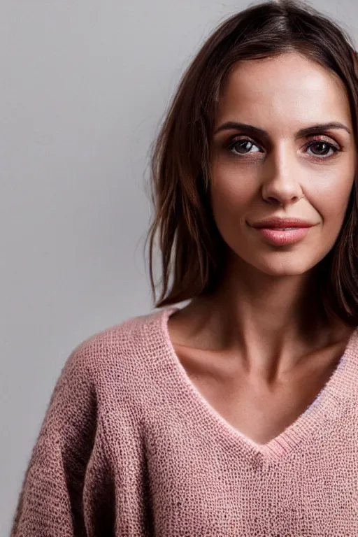 Image similar to olive skinned female model in her thirties, wearing pink v - neck sweater, focused on neck, photo realistic, extreme detail skin, natural beauty, straight teeth, no filter, slr, golden hour, 4 k, high definition, selfie