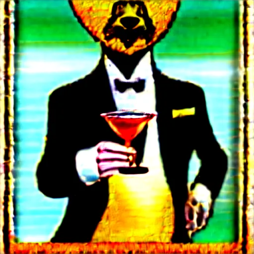 Image similar to a man holding a martini with an otter swimming in it while the otter gives a thumbs up in a 1 9 2 0 s advertisement poster