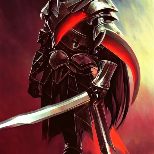 Image similar to Knight with black greatsword and black plate armour, one-eyed, emitting evil red aura, armor merging with body, full body shot, anime style, 90's modern art, art by artgerm and greg rutkowski and alphonse mucha