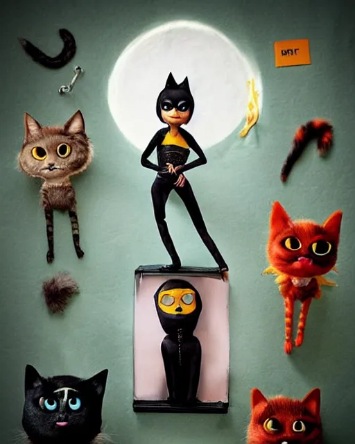 Image similar to zoe kravitz ’ s cat woman as a highly detailed stop motion puppet, in the style of laika studios ’ s paranorman, coraline, kubo and the two strings shot in the style