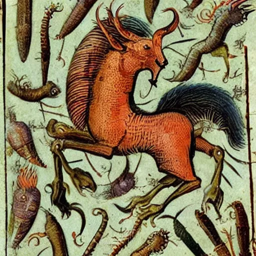 Image similar to medieval bestiary filled with uncanny grotesque beasts and hybrids