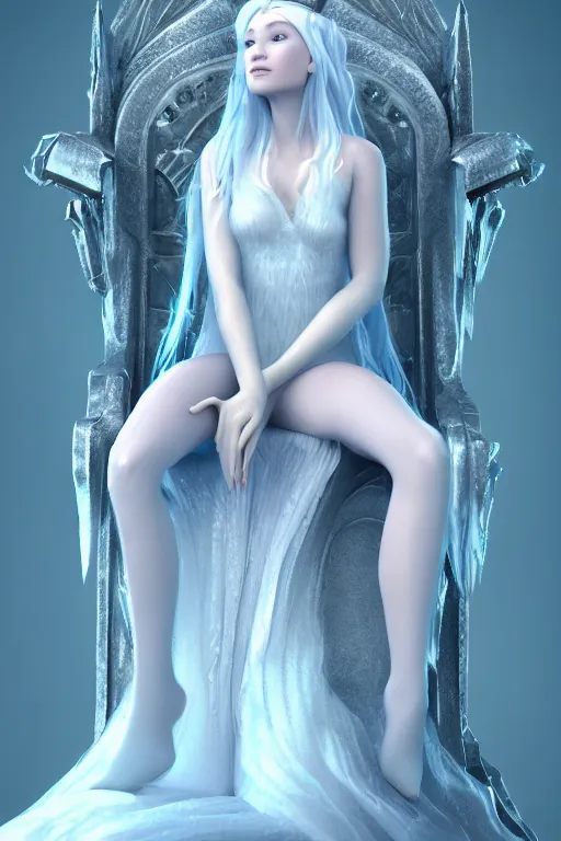 Image similar to Beautiful Ice Princess!! sitting on an ice throne legs crossed, arms resting on throne, no shoes, frost, fantasy, elegant, artstation, hard focus, octane render