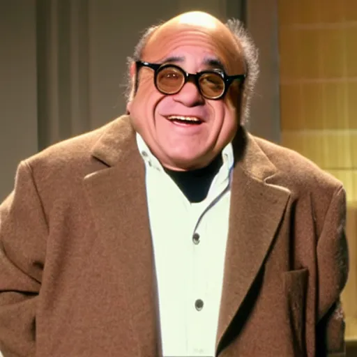 Prompt: danny devito standing next to a chair shaped like an egg