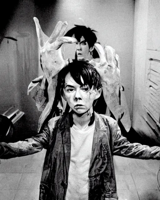 Image similar to film still of young actor bud cort, from harold and maude, as tetsuo in live action remake of akira, neo - tokyo, post apocalyptic, telekinesis, mutant psychic children, neo - tokyo, futuristic, in the style of alex proyas, ridley scott, katsuhiro otomo