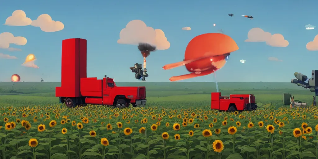 Prompt: himars launching rockets on the sunflower field by goro fujita and simon stalenhag and wes anderson and alex andreev and chiho aoshima and beeple and banksy and kandinsky and magritte and basquiat and picasso, 8 k, trending on artstation, hyper detailed, cinematic