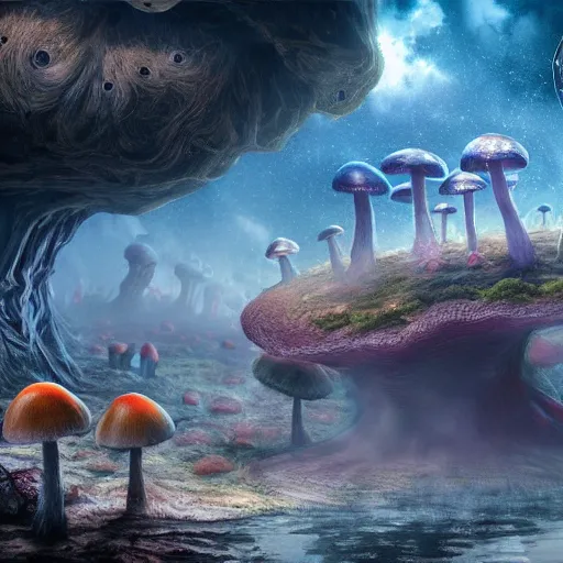 Image similar to scientists take their first steps on a strange alien planet full of mushrooms and other complex fungi, 8 k resolution matte painting trending on artstation