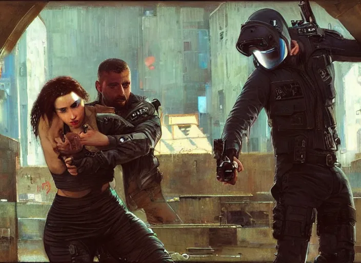 Image similar to Maria evades sgt griggs. Cyberpunk hacker escaping Cyberpunk policeman. (police state, Cyberpunk 2077, blade runner 2049). Cyberpunk Iranian orientalist portrait by john william waterhouse and Edwin Longsden Long and Theodore Ralli and Nasreddine Dinet, oil on canvas. Cinematic, Dramatic lighting.