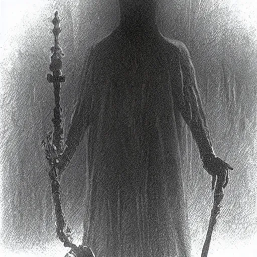 Image similar to humanoid ghost with an unnatural smile in bloodborne, it has huge eyes and is staring at the camera from the end of a dark hallway. caught on vhs, film grain,