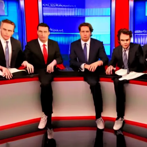 Image similar to a high quality photograph fox news broadcast screesshot of max blumenthal, jimmy dore, aaron mate, tucker carlson, matt taibbi, glenn greenwald having a tickle fight on tucker carlson tonight