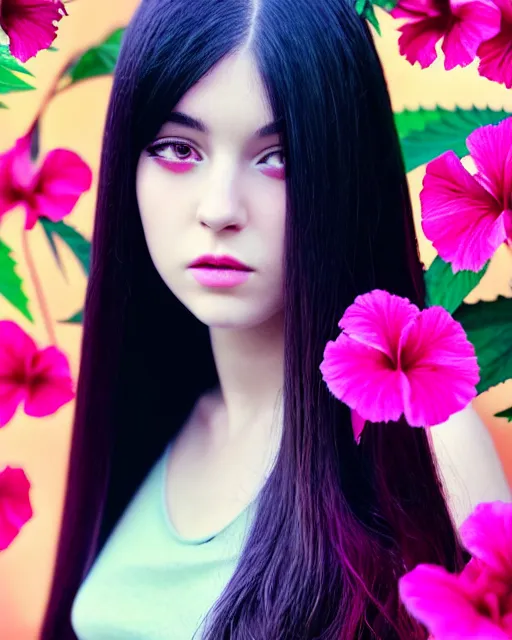 Image similar to an stunning beautiful girl is surrounded by colourful hibiscus flowers and marijuana plants, symmetric face and eyes, manga style, long straight black hair, visible face 8 k, soft focus, melanchonic soft light, volumetric lighting, highly detailed realistic, refined, highly detailed, soft blur outdoor lighting, fine art fashion photography 5 0 mm f 2