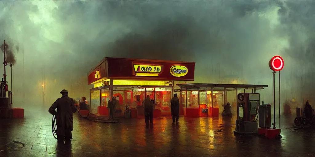 Image similar to a gas station in 1 9 4 0 with yellow and red light in the middle of the night, rainy night, a men stand up next to the pump, mystical blue fog, oil on canvas, art by andreas achenbach, clemens ascher, tom bagshaw and sabbas apterus,