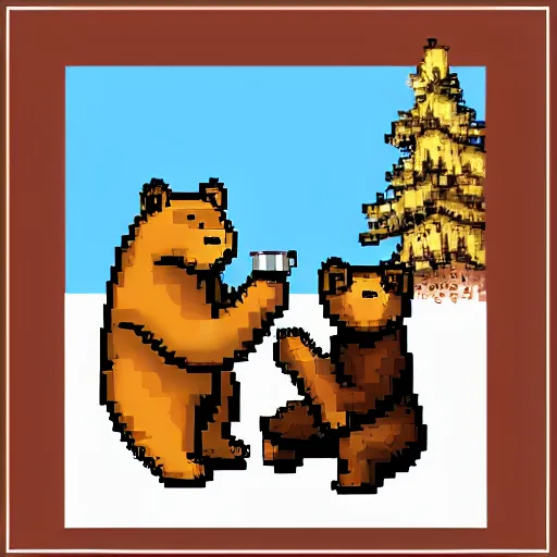 Image similar to an American Grizzly Bear and a Russian Polar Bear having tea, pixel art, trending on artstation