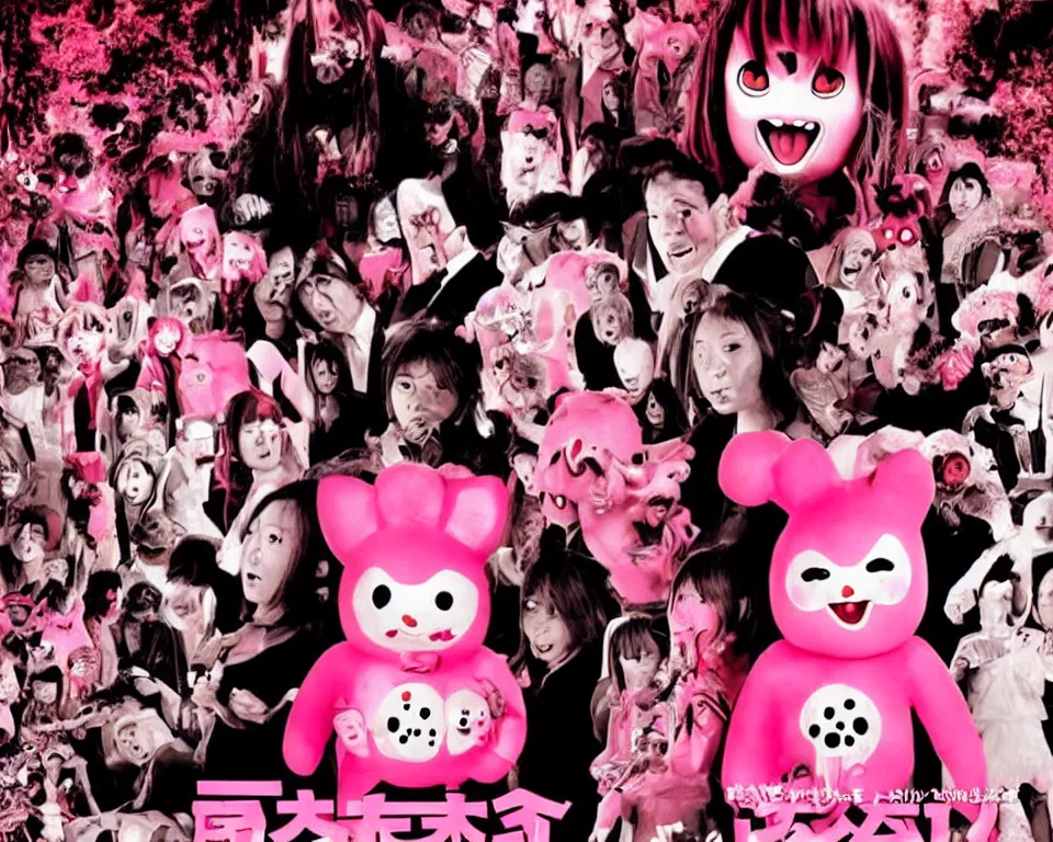 Prompt: a horror movie poster featuring a pink japanese mascot