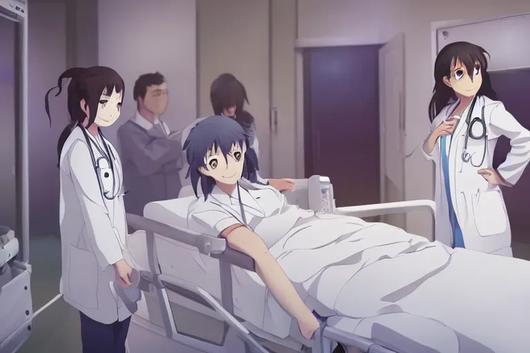 Image similar to a cute young female doctor wearing white coat are leading a group of doctors around a bed in hospital, slice of life anime, cinematic, lighting, 8kHDR, anime scenery by Makoto shinkai