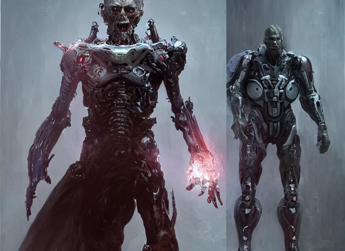 Image similar to willem dafoe as victor stone, full body concept, cyborg, borg, strogg, face of a man, terminator, flesh, quake strogg, doom demon, wolfenstein, monstrous, symmetry, symmetrical, concept art by ruan jia and greg rutkowski