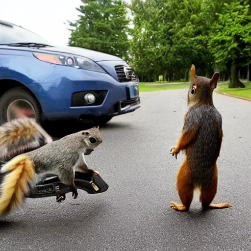 Image similar to a dog-cop ticketing a squirrel with a fine for speeding