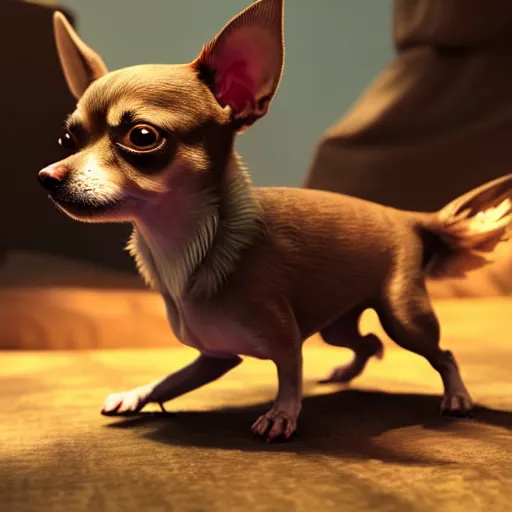 Prompt: an ascended chihuahua living in an extradimensional reality, in the style of wlop, illustration, epic, fantasy, hyper detailed, smooth, unreal engine, sharp focus, ray tracing, physically based rendering, renderman, beautiful
